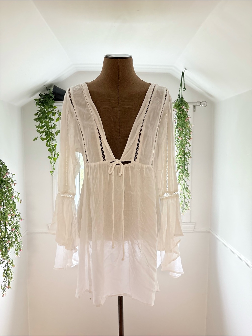 Boho Tie-Front Gauzy White Coverup Dress